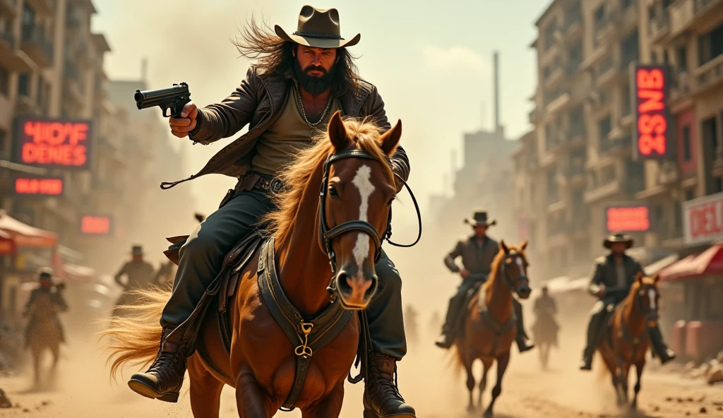 (best quality,4k,8k,highres,masterpiece:1.2),ultra-detailed,(realistic,photorealistic,photo-realistic:1.37),horseback-riding,city-warfare,Macnum.44 gun in hand,colt revolver,desert eagle gun,raging bull gun,preferring a cowboy look,western-style cowboy boots and hat,dusty and action-packed scene,horse galloping aggressively in a desert-like environment,powder smoke rising from the guns,authentic cowboy attire with leather chaps,detailed facial expression,resolute and fierce eyes,long and unkempt hair flowing in the wind,beard and mustache adding to the rugged appearance,expression of determination and focus,amidst a chaotic and bustling city,buildings and cars in ruins,streets filled with debris and smoke,shadows created by the towering structures,streets illuminated by the flickering lights of neon signs,post-apocalyptic setting,expressions of grit and resilience from the cowboy,emphasizing the intensity of the battle,sandstorm in the background,an adrenaline-fueled showdown between cowboys and urban mercenaries,high contrast and vibrant colors,accentuating the ruggedness and vibrancy of the scene,impactful and dramatic lighting,creating shadows and highlights that enhance the depth and intensity of the image.
