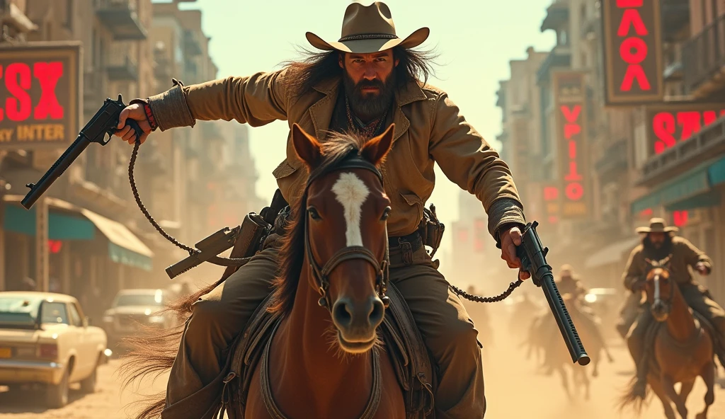 (best quality,4k,8k,highres,masterpiece:1.2),ultra-detailed,(realistic,photorealistic,photo-realistic:1.37),horseback-riding,city-warfare,Macnum.44 gun in hand,colt revolver,desert eagle gun,raging bull gun,preferring a cowboy look,western-style cowboy boots and hat,dusty and action-packed scene,horse galloping aggressively in a desert-like environment,powder smoke rising from the guns,authentic cowboy attire with leather chaps,detailed facial expression,resolute and fierce eyes,long and unkempt hair flowing in the wind,beard and mustache adding to the rugged appearance,expression of determination and focus,amidst a chaotic and bustling city,buildings and cars in ruins,streets filled with debris and smoke,shadows created by the towering structures,streets illuminated by the flickering lights of neon signs,post-apocalyptic setting,expressions of grit and resilience from the cowboy,emphasizing the intensity of the battle,sandstorm in the background,an adrenaline-fueled showdown between cowboys and urban mercenaries,high contrast and vibrant colors,accentuating the ruggedness and vibrancy of the scene,impactful and dramatic lighting,creating shadows and highlights that enhance the depth and intensity of the image.