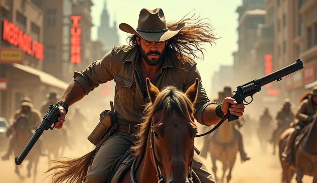 (best quality,4k,8k,highres,masterpiece:1.2),ultra-detailed,(realistic,photorealistic,photo-realistic:1.37),horseback-riding,city-warfare,Macnum.44 gun in hand,colt revolver,desert eagle gun,raging bull gun,preferring a cowboy look,western-style cowboy boots and hat,dusty and action-packed scene,horse galloping aggressively in a desert-like environment,powder smoke rising from the guns,authentic cowboy attire with leather chaps,detailed facial expression,resolute and fierce eyes,long and unkempt hair flowing in the wind,beard and mustache adding to the rugged appearance,expression of determination and focus,amidst a chaotic and bustling city,buildings and cars in ruins,streets filled with debris and smoke,shadows created by the towering structures,streets illuminated by the flickering lights of neon signs,post-apocalyptic setting,expressions of grit and resilience from the cowboy,emphasizing the intensity of the battle,sandstorm in the background,an adrenaline-fueled showdown between cowboys and urban mercenaries,high contrast and vibrant colors,accentuating the ruggedness and vibrancy of the scene,impactful and dramatic lighting,creating shadows and highlights that enhance the depth and intensity of the image.