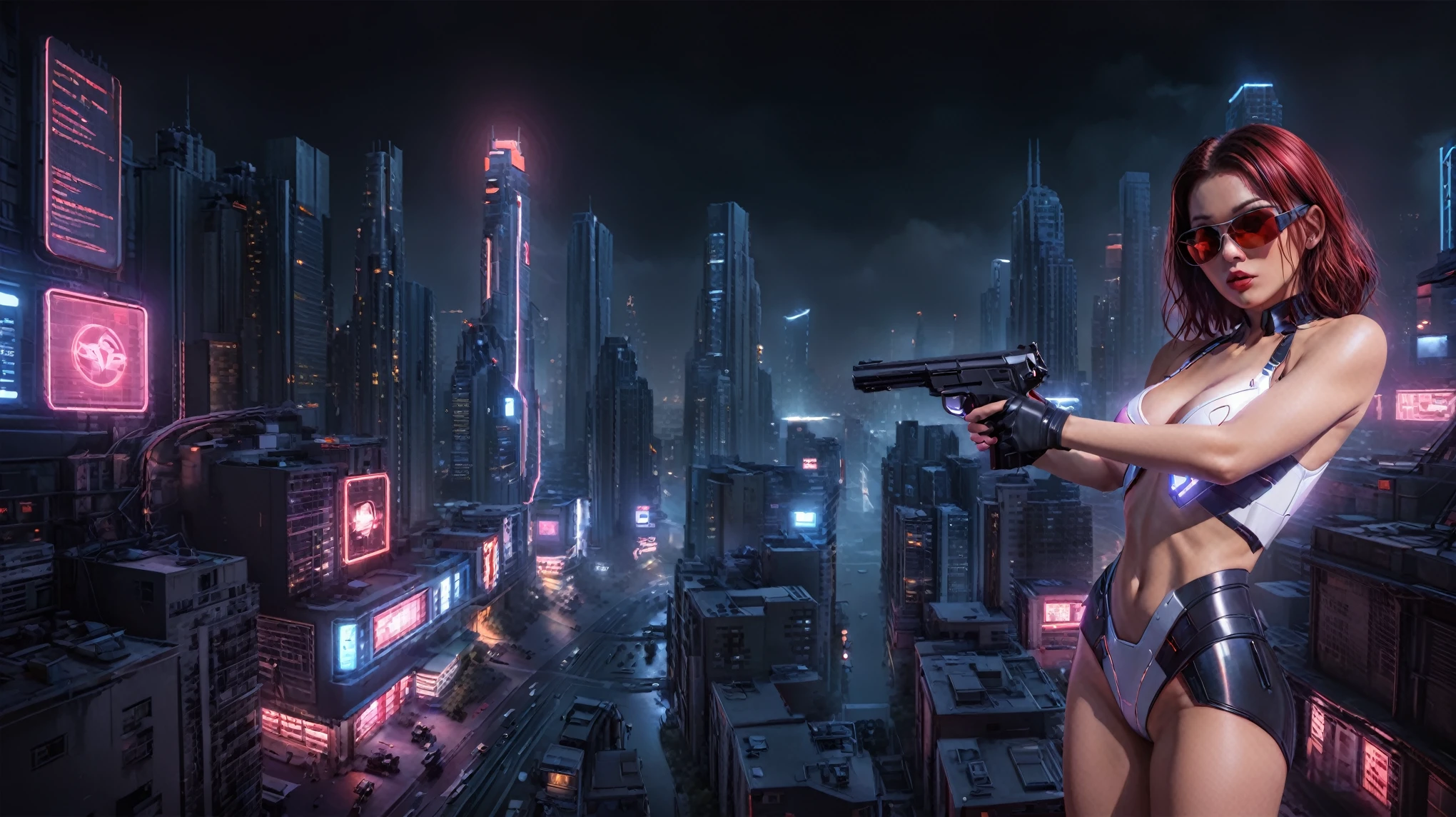 (High view). There's a cyborg woman (8k) wearing a futuristic leotard (best quality) standing in a cyberpunk city alley at night, darksynth aesthetic, red neons, haze, 1drone, foggy night, ultra detailed, photorealistic, (1girl, solo, alone), large-:1.2 slim body, cleava(black sunglasses), (holding a pistol), half-body thigh level medium shot, cinematic lighting, ray tracing.