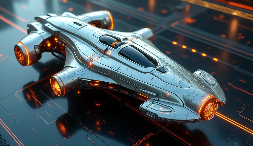 Aerial view of a futuristic alien spaceship, Highly detailed and hyper-realistic. The ship features advanced and elegant technology with glowing elements, intricate patterns and a metallic finish. The setting includes a technological and extraterrestrial environment that enhances the design of the ship. The image is in hyper-realistic quality, showcasing vibrant colors and meticulous details