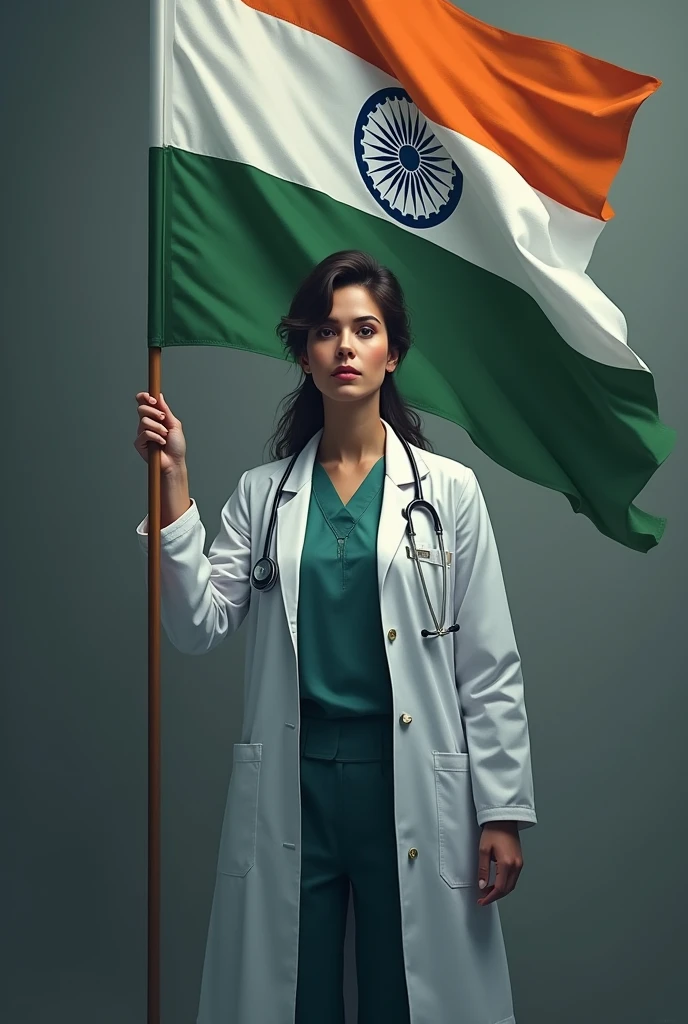 A girl doctor with hidden face, holding Indian flag and asking for justice.