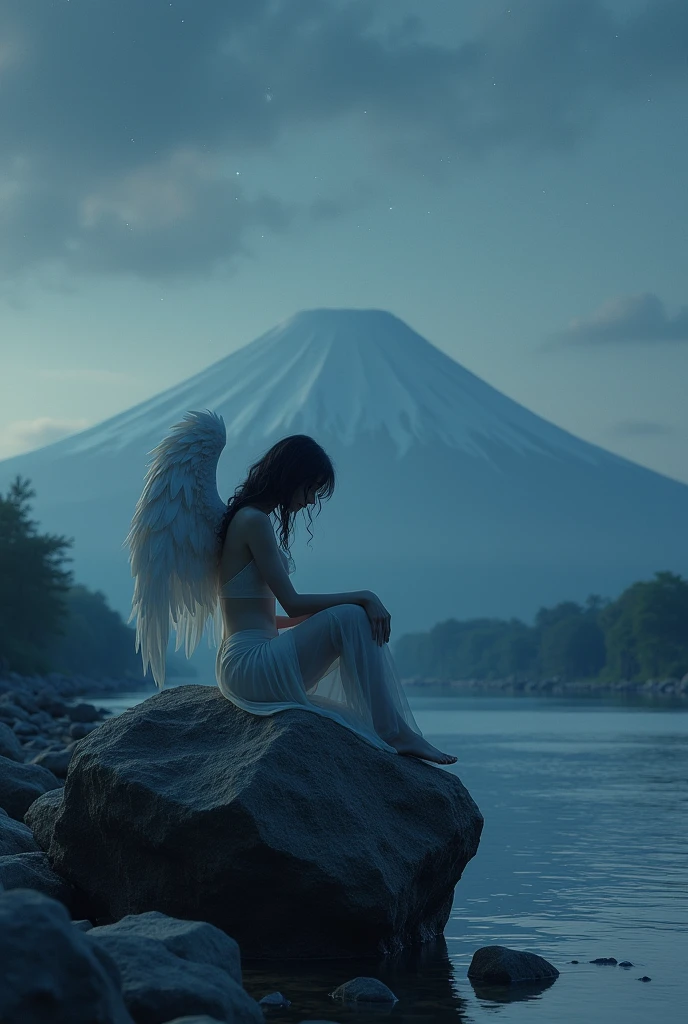 a sad angel, sitting on a large rock on the river bank at dusk, mt.fuji, Starry sky