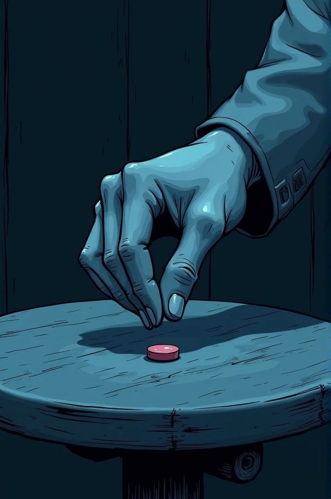 A male hand from top to bottom about to pick up a single pill (With bent fingers), of an old round wooden table, , slightly caricatured drawing, everything in dark blue tones