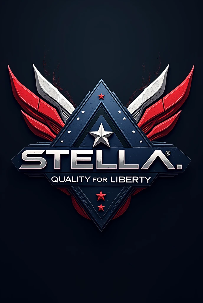 “Stella Inc.” - company logo, weapon manufacturer, american, red, blue and white, stars, futuristic, dystopian, “quality for liberty” slogan