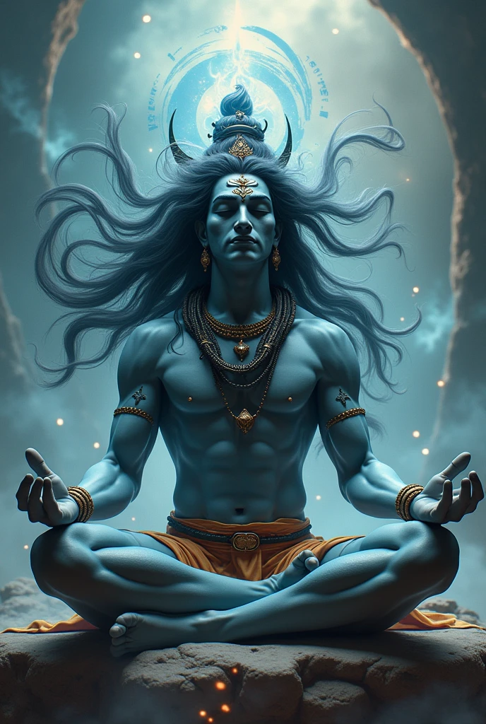 Photorealistic Image muscular Lord Shiva meditating with hair floating in air, calm face, in another dimension 