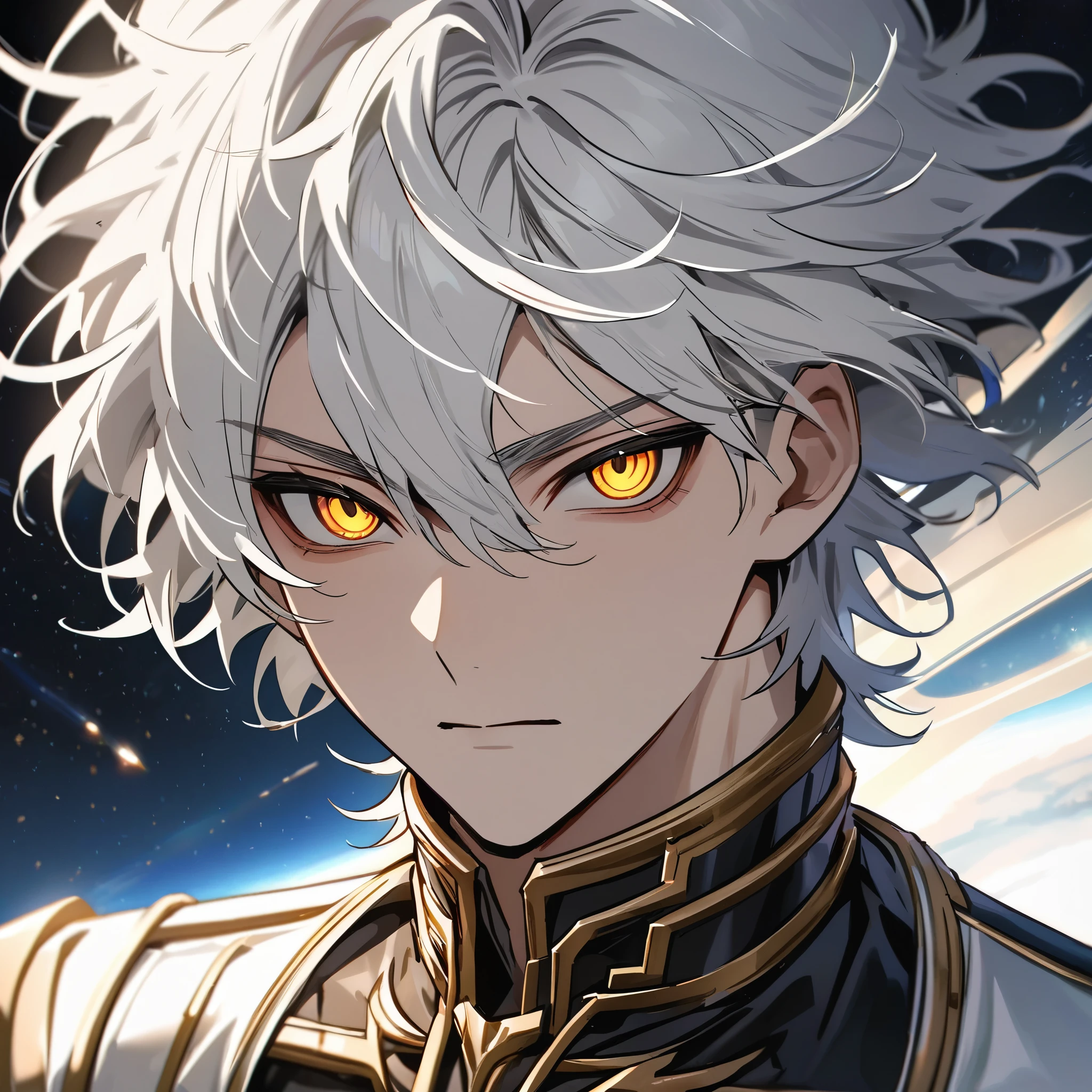 High quality, HD, 4k, no shadows, handsome male, handsome, 1male, 18 years old, 18yo, short white hair, white hair, white hair, white hair, sharp eyes, deep golden colored eyes, dark gold colored eyes, deep gold eyes, gold eyes, devil may cry, close up, calm expression, stoic expression, black leather clothes, white leather clothing, lean body, well trained body, upper body, looking at viewer, cowboy shot, white solar, space background