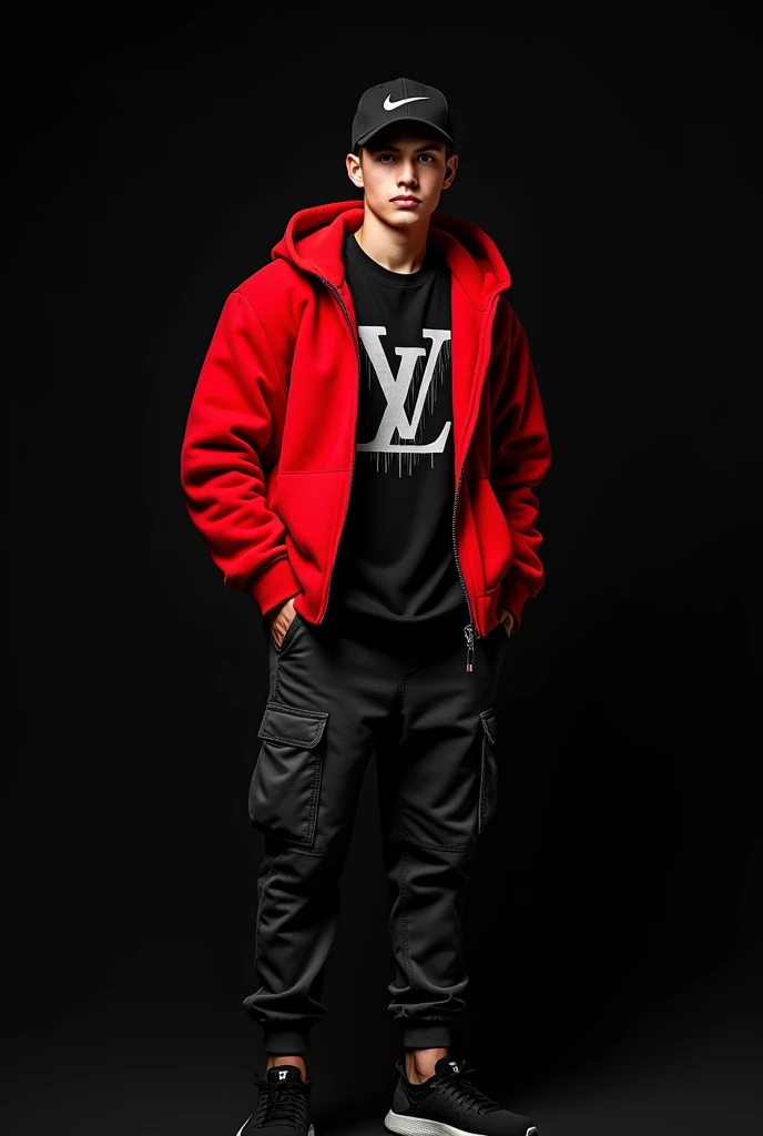 Realistic photo of a young man wearing cargo pants, black nike tennis shoes, all red fleece jacket, Louis Vuitton shirt, gray and the brand logo with a melting effect and a black Nike curved brim cap. Black background with highlight in light.