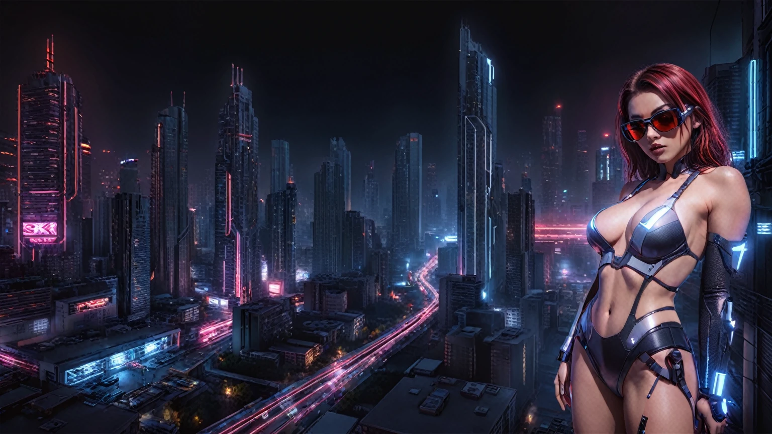 (High view). There's a cyborg woman (8k) wearing a futuristic leotard (best quality) standing in a cyberpunk city alley at night, darksynth aesthetic, red neons, haze, 1drone, foggy night, ultra detailed, photorealistic, (1girl, solo, alone), large-breast:1.2 slim body, cleavage:1.1, (black sunglasses), (holding a pistol), half-body thigh level medium shot, cinematic lighting, ray tracing.