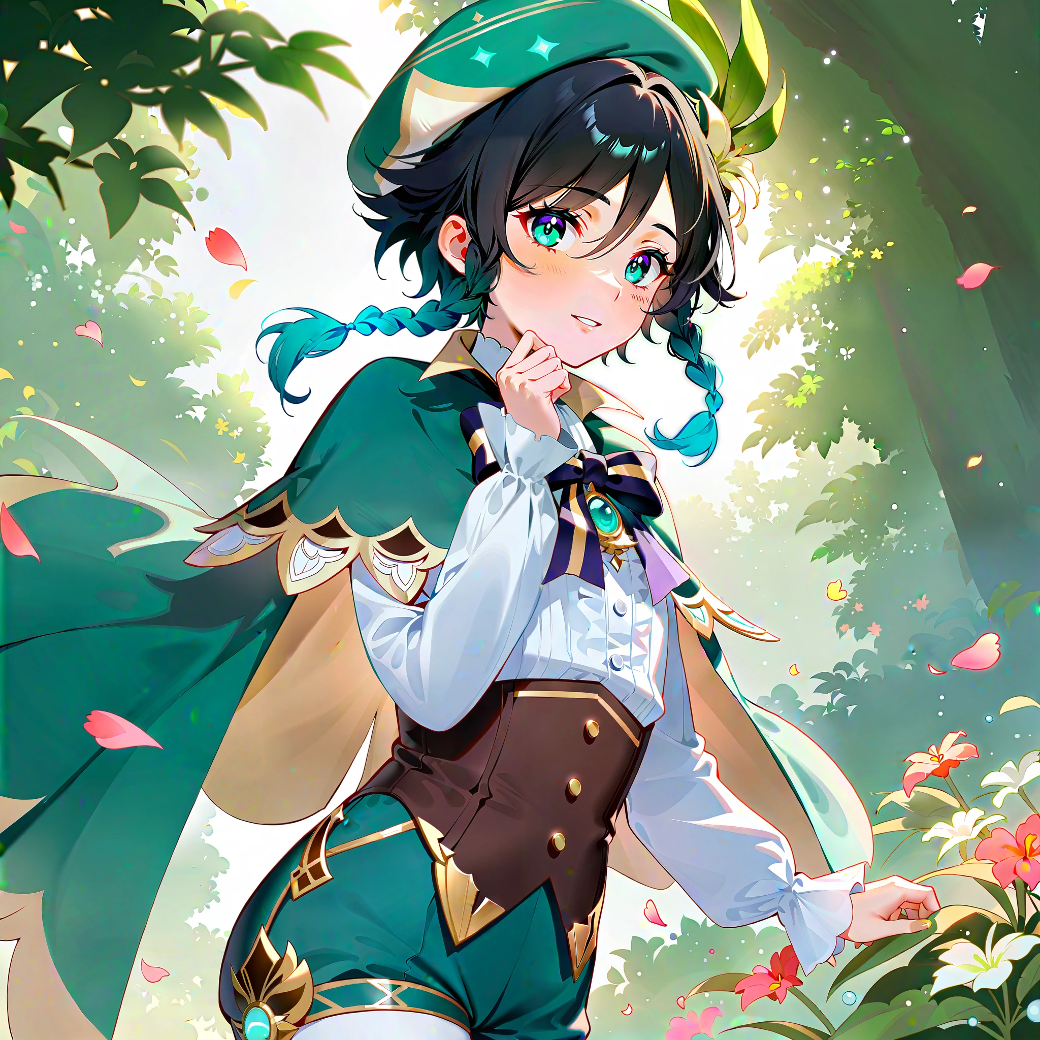 (best quality,4k,8k,highres,masterpiece:1.2),1boy,venti genshin impact,male focus,flat chest,ultra-detailed,realistic,(dsmile:0.5),morning of spring,delicate light rays,rich color palette,elegant curves,effects of light and shadow,flower petals falling,springtime essence,ethereal atmosphere,peaceful garden background,morning dew,soft sunlight filtering through trees,lush plants,komorebi,vividly colored blossoms,transcendent beauty,awe-inspiring artwork,white long-sleeved shirt, brown corset,green shorts, white tights,green cape,hat,brooch,green eyes,wise and kind god,cinematic lighting, ray tracing, UHD, high details, high quality, award winning, super detail,wind magic