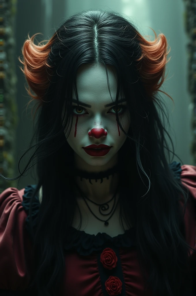 Pennywise woman with long black hair and orange highlights,red and black clothes