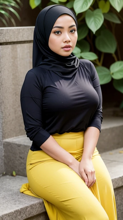 ( close up),raw, best quality, high resolution, Masterpiece: 1.3), Beautiful Malaysian woman in hijab,Masterpiece, Fit body,(( big breast)),Big beautiful eyes, soft smile,beautiful face,thick thighs,  Women wearing hijabs talk while sitting in a garden., Wear a casual, elegant outfit and a long skirt.,perfect legs , wearing topsผ้าลำลอง, Comfortable pose, wearing topsผ้าลำลอง, Casual clothing style, Business casual attire, wearing tops, Smart Casual, Put on a shirt, Dress casually, modern casual clothing, wearing topsผ้าที่สวยงาม, modern casual clothing  , wonderful light, Bright colors, clean lines, Put on a shirtแสดงให้เห็นเนินอกอย่างชัดเจน