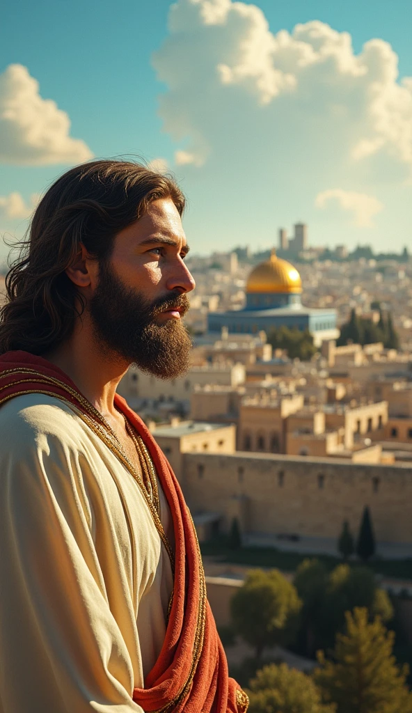 Create an ultra-realistic image of Jesus looking at, Jerusalem, picture in 8k