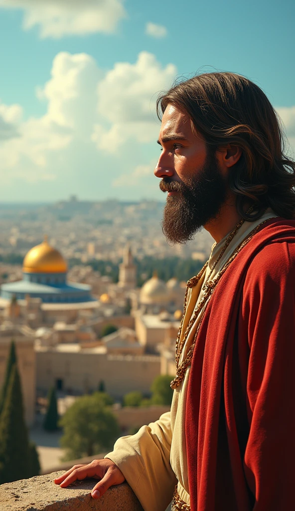 Create an ultra-realistic image of Jesus looking at, Jerusalem, picture in 8k
