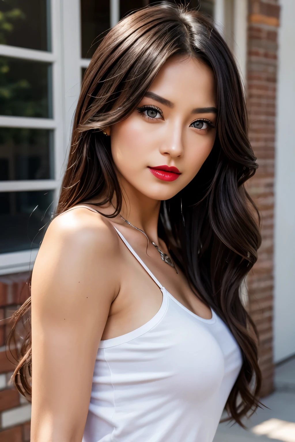 Akame, CG 8k ultra-realista, beautiful woman, seductive eyes, make-up, red lips, casual clothes