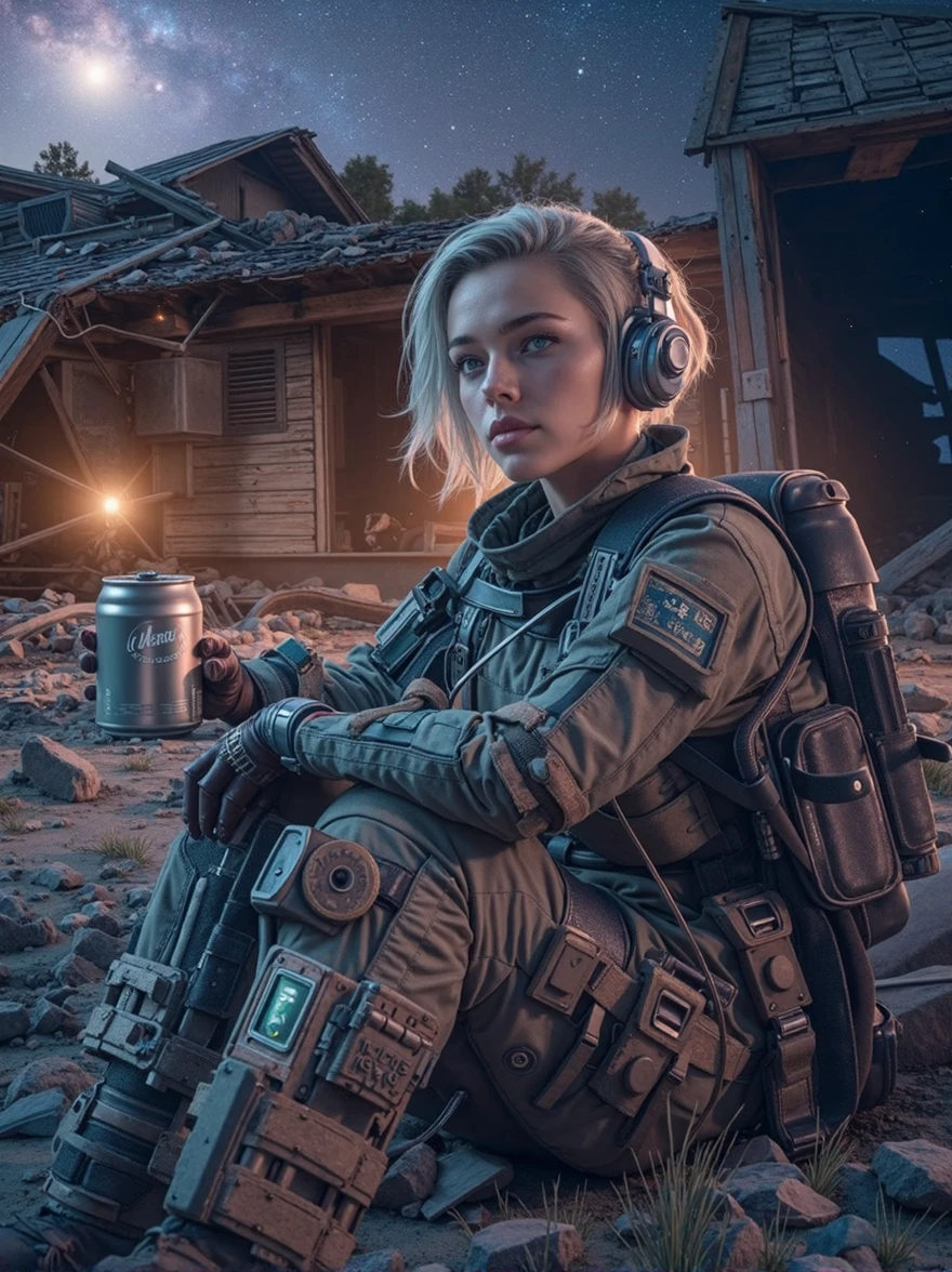 A cinematic photo shoot of gorgeous female military soldier cyborg, sits on a building ruins, a tin can of hot steamy coffee, machine gun and back pack on the ground, bright night starry sky, milky way trail, volumetric night light, insanely detailed and intricate, octane render, unreal engine, hyper realistic photo, high definition, 32 K, Nat Geo photography style