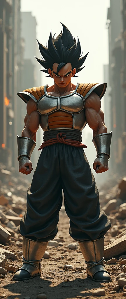 create Vegeta with Jet Li's face in a destroyed city