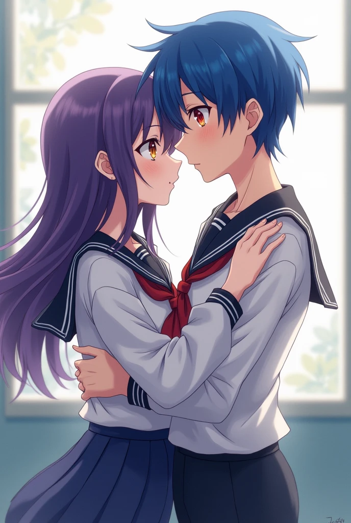 anime style, feminine, long purple hair, yellow eyes, Japanese school uniform, scar in the mouth, She is standing while hugging a boy, the boy has, blue hair, Red eyes, japanese school uniform, He also hugs the girl