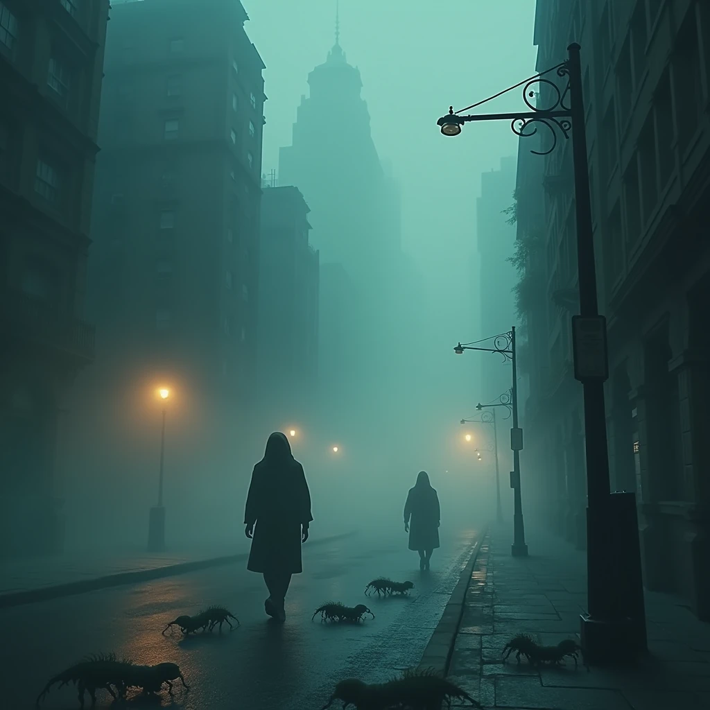 Mysterious fog covers the city, indistinct human figures, dimly lit streetlights, and unidentified creatures wriggling underfoot,