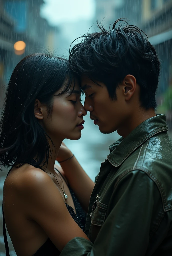 A charming cinematic scene set in the rain-soaked slums of Jakarta, where two romantic couples are captured sharing an intense emotional moment. Ahn Bo Hyun, with her eyes closed and tears streaming down her face, was hugged by Gong Yoo, who had shoulder-length hair and a concerned but loving expression. Their relationship and affection is clearly visible and shines through the frame. In the background, another couple is caught in the rain, embracing each other gently and intimately. Intricate detail, realistic lighting and sharp focus create an intense atmosphere, as if this moment was taken straight from a powerful and tear-jerking film. full body photo