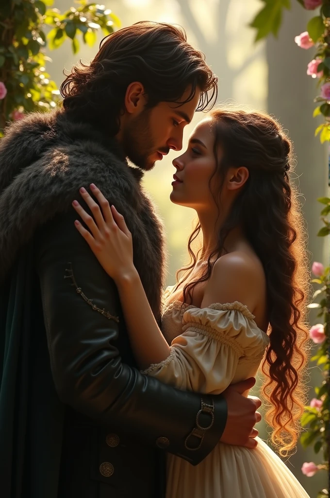 Create a hyper-realistic image of Robb Stark and Margaery Tyrell as lovers