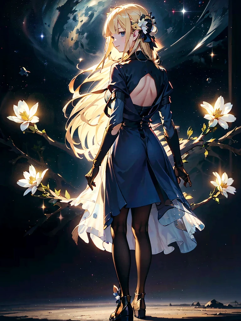 1people々々々々々々々々々,Blonde long-haired woman,Fairy, Dress Silhouette, Rear View,Space Sky, Flower Field,Colorful flowers