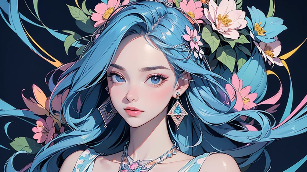 32K, 最高quality, 最高masterpiece, (ultra-Detailed Background, Detailed Background), High resolution, Super detailed, Very detailedな, 1 personの, (bouquet:1.3), (Tangled:1.2), (Geometric:1.2),(colorful),(masterpiece, quality, best quality, Official Art, Beautiful and beautiful:1.2), (1 person:1.3), Very detailed,(colorful:1.1)(Flowers:1.3),Most detailed,(Tangled:1.2), whole body, (Abstract background:1.3), (Skin glows), (Many colors:1.4), ,(Earrings Jewelry:1.5), Light Blue Background,