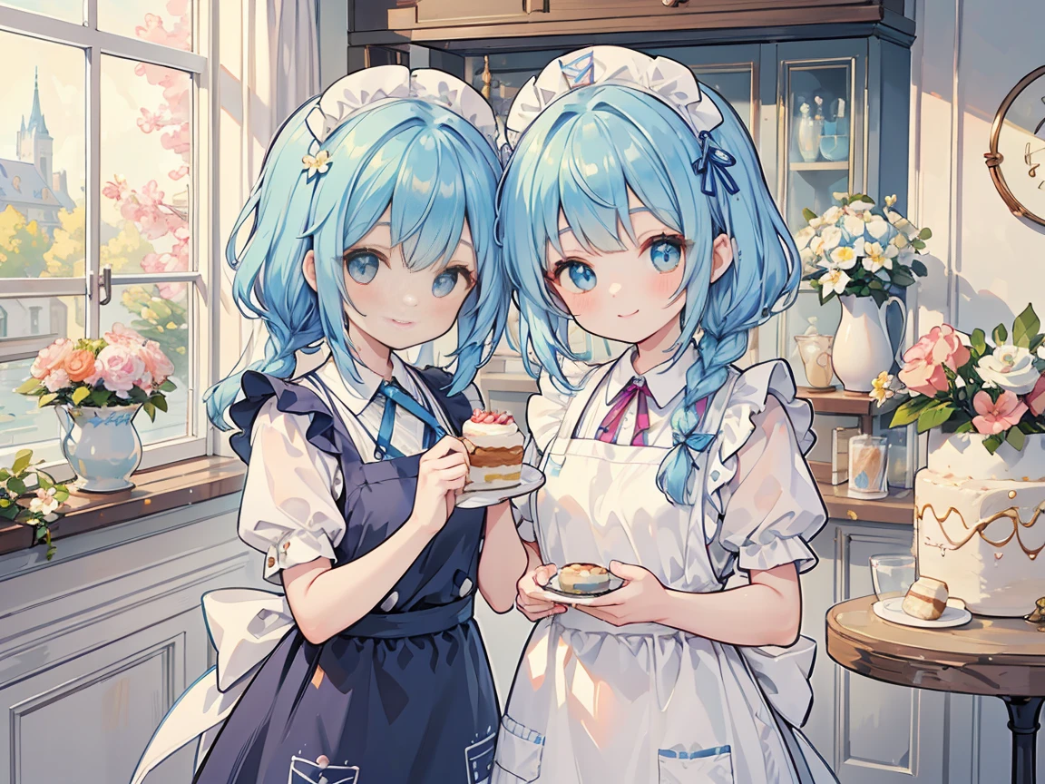 perfect eyes, soft light, high quality, 4k resolution, masterpiece, textured skin, high details, detailed face, detailed eyes, best quality, award winning, super detail, high quality, Pastry chef, confectionery maker, apron, blue hair, braid, hairpin, smile, happy, Impressionism, Monet, Cake shop, decorating cakes in the kitchen