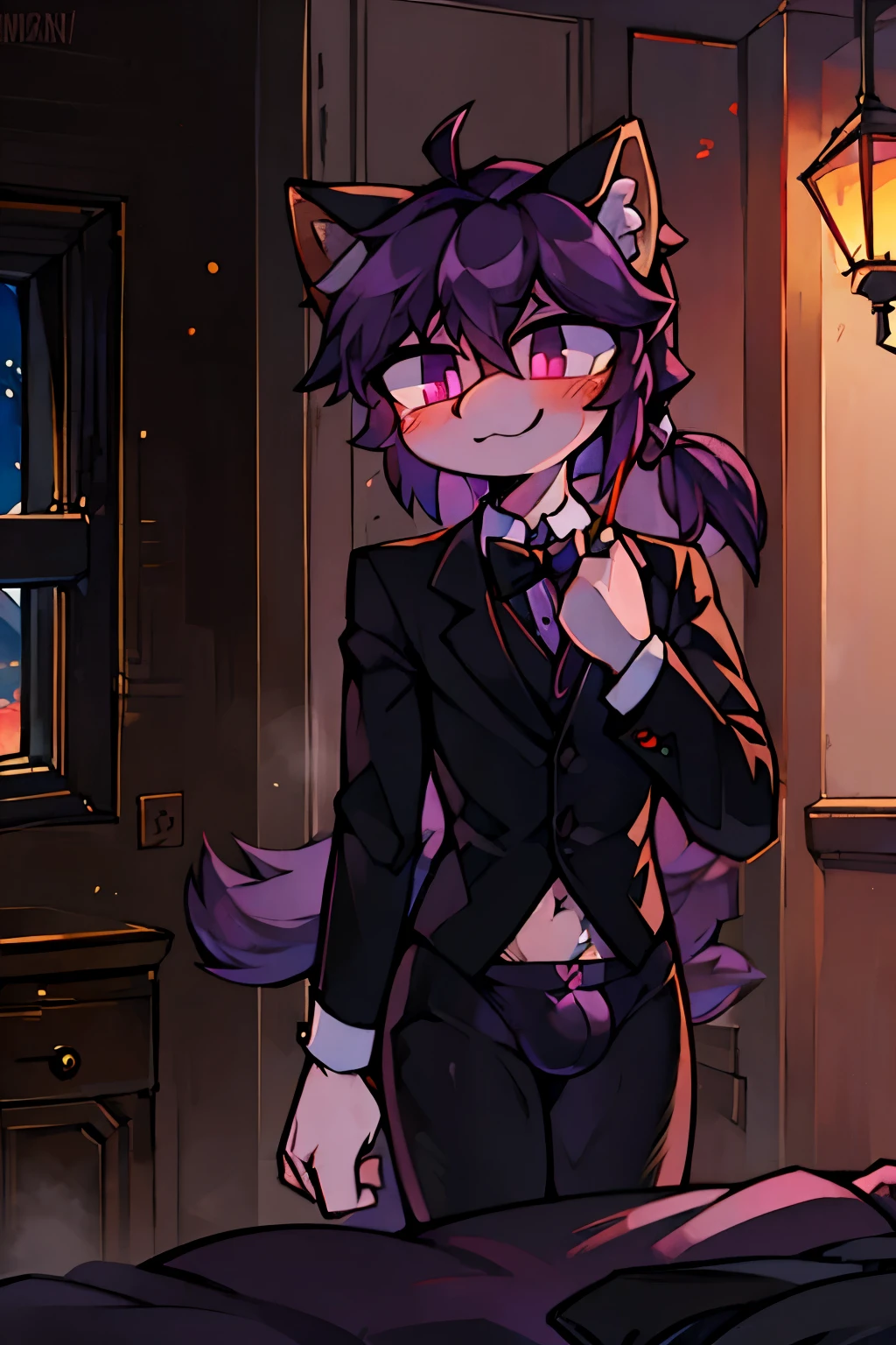 femboy, black and purple hair, top hat, fluffy hair, medium length hair, purple eyes, happy, in room, suit, cat ears, messy hair, nighttime, bulge, top hat, fiery eyes, short, embarrassed, small ponytail, long hair