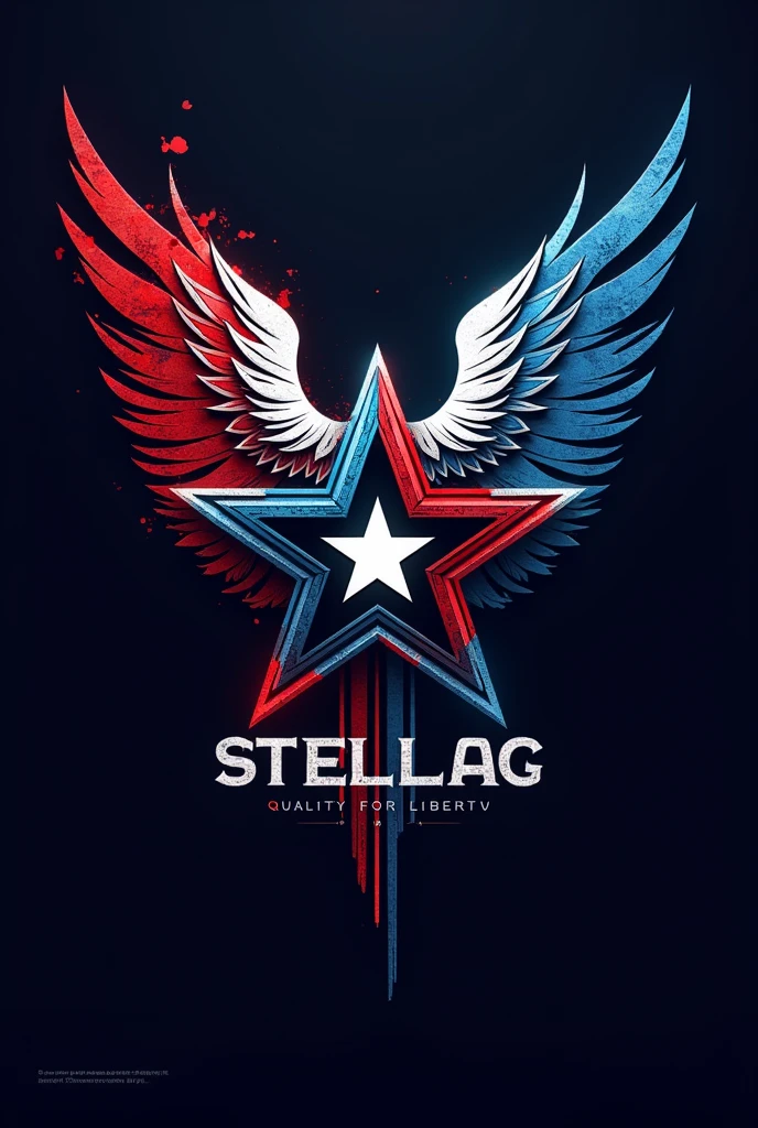 “Stella Inc.” - company logo, weapon manufacturer, american, red, blue and white, stars, futuristic, dystopian, “quality for liberty” slogan