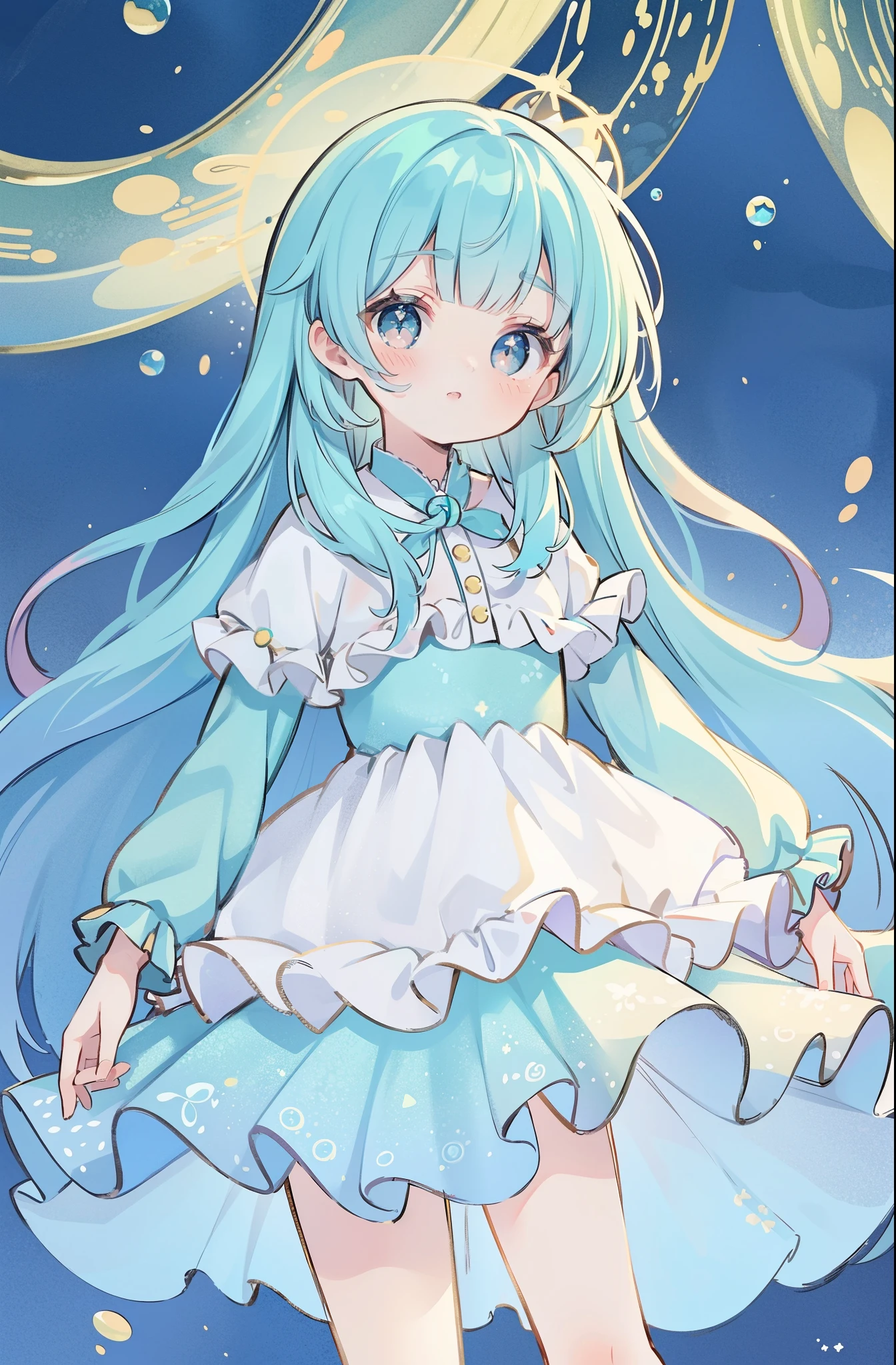 masterpiece, best quality, 8k resolution, sharp focus, intricate detail, beautiful girl, long blue-mint hair, sparkling eyes, golden ratio face, otherworldly liquid, watercolor, cool colors, bright colors, whimsical, colorful, sharp focus, high resolution, fine detail, ((layered tiered puffy long sleeves ballgown)), ((round eyes)), iridescent bubbles, fantasia background
