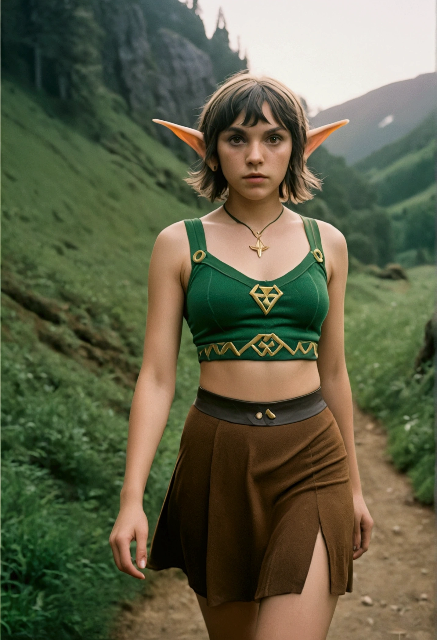 analog film photo, photo of a Hylian girl, elf ears, honey eyes, shaggy brunette bob cut, tan complexion, tall stature, athletic, voluptuous hourglass figure, full hips, plump round buttocks, wearing a bralette and a torn skirt, strolling through Hyrule's wilderness, resembles Millie Bobby Brown, RAW Photograph, dslr, soft lighting, high quality, film grain, Fujifilm XT3, detailed skin with visible pores, insane details, masterpiece, 8k, 35mm photograph, dslr, kodachrome, faded film, desaturated, grainy, vintage, Lomography, stained, highly detailed, found footage, close-up shot, elven ears