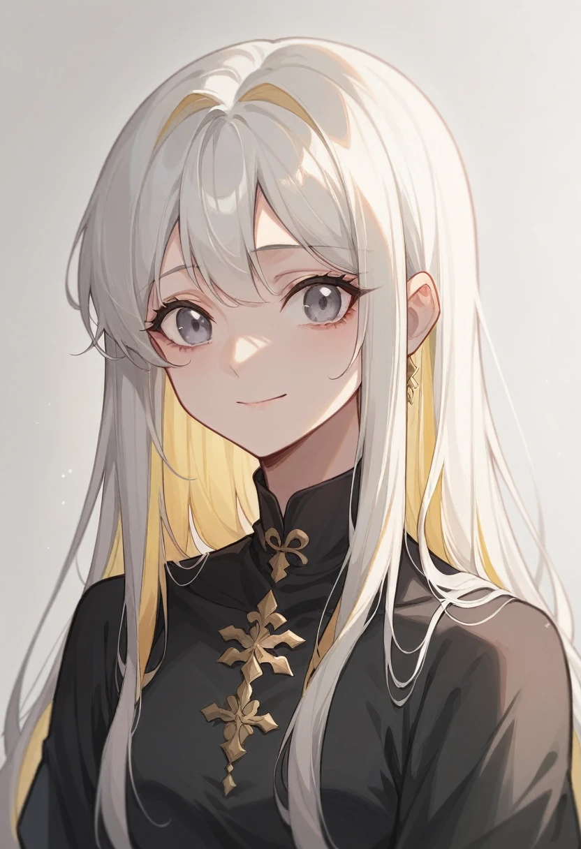 Soft lines、girl、White Hair, grey eyes、Straight Long Hair,{yellow inner hair},Upper Body,black dress, {bright background}、front、look at me, smile,{sad}