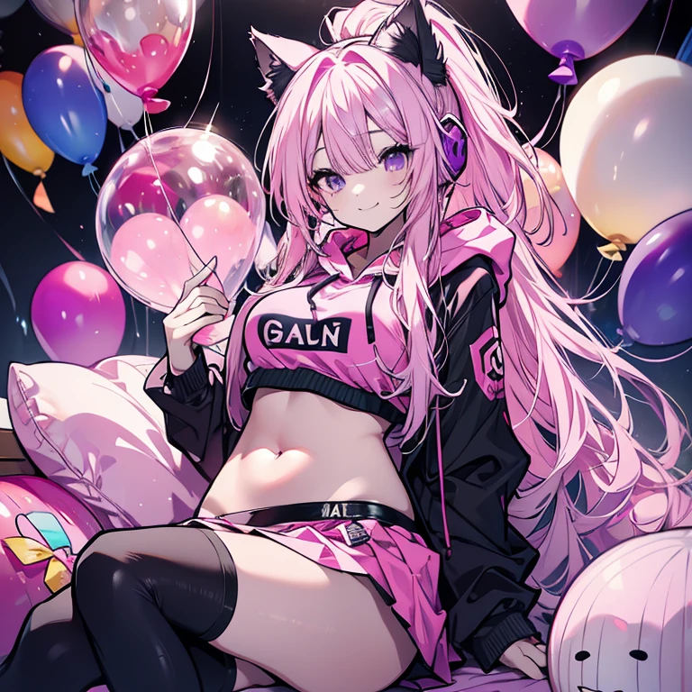 1 person、Mature、Ample breasts、Long Hair、Pink Hair、Cat ear、headphone、ponytail、Voluminous hair、Purple balloon、Bubble gum、smile、Belly button、hoodie、Miniskirt、garter、sit、Lots of balloons、Purple balloon、sofa、High resolution、Highest quality、
