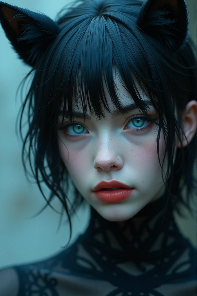 guy. Icy blue eyes. Wolf cut raven coloured hair. Androgynous features. Red soft lips.