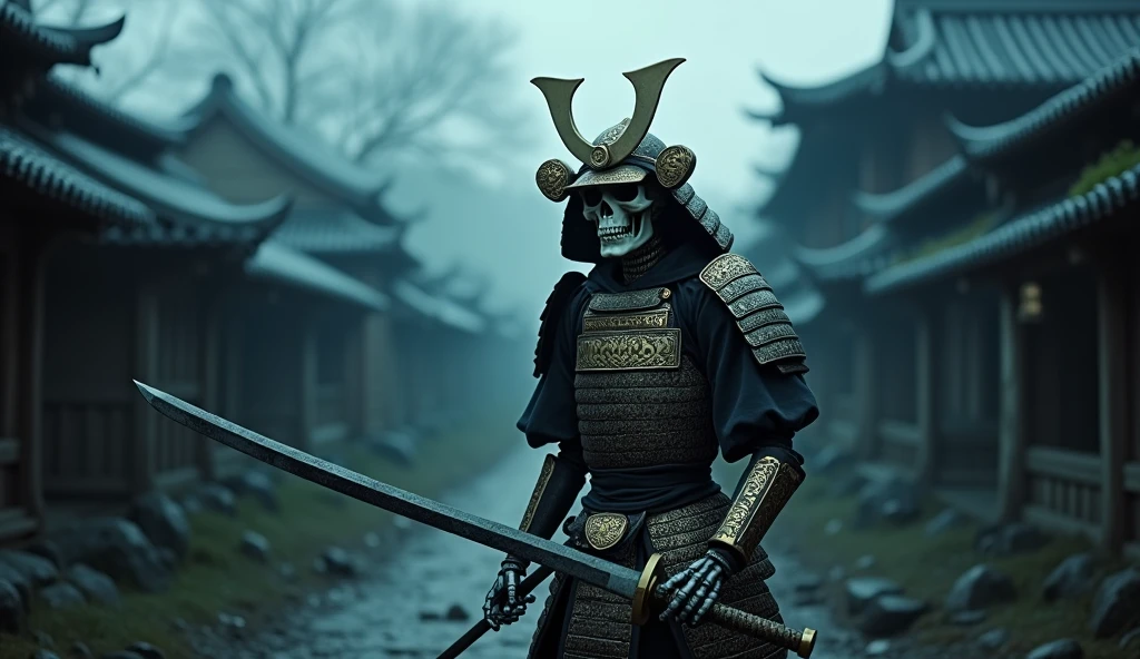 prompt: "Create a cinematic horror movie scene featuring a samurai skeleton in the foreground, poised in an aggressive attack stance. The samurai wears elegant, ornate armor with intricate filigree decorations that gleam faintly in the dim light. The katana, equally adorned with detailed engravings, is raised menacingly. The background reveals a traditional Japanese village in ruins, shrouded in darkness under a moonlit night. The village is eerie and desolate, with shadows casting ominous shapes across the broken structures. The samurai’s expression is a haunting blend of rage and determination, with the skeletal features illuminated by a cold, ghostly light.

To achieve a realistic and cinematic look, use a high-end digital cinema camera with a full-frame sensor to capture the scene in ultra-high definition. A 50mm f/1.4 lens should be used to create a shallow depth of field, keeping the samurai sharply in focus while the background is slightly blurred, adding depth and drawing attention to the foreground. The scene should be lit with a combination of 
