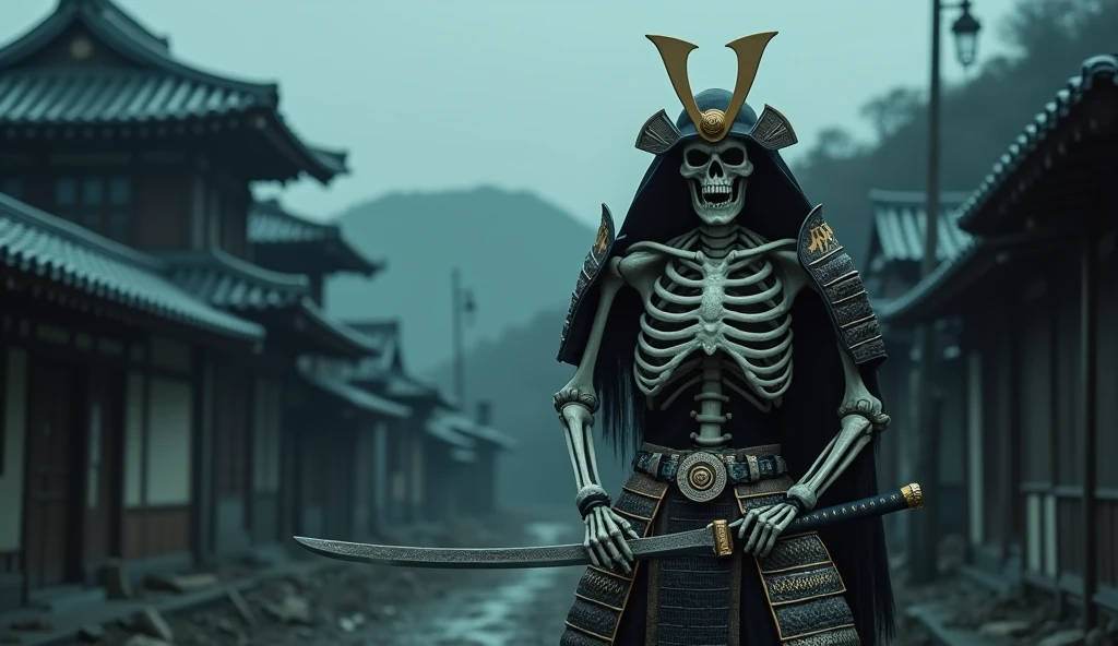 prompt: "Create a cinematic horror movie scene featuring a samurai skeleton in the foreground, poised in an aggressive attack stance. The samurai wears elegant, ornate armor with intricate filigree decorations that gleam faintly in the dim light. The katana, equally adorned with detailed engravings, is raised menacingly. The background reveals a traditional Japanese village in ruins, shrouded in darkness under a moonlit night. The village is eerie and desolate, with shadows casting ominous shapes across the broken structures. The samurai’s expression is a haunting blend of rage and determination, with the skeletal features illuminated by a cold, ghostly light.

To achieve a realistic and cinematic look, use a high-end digital cinema camera with a full-frame sensor to capture the scene in ultra-high definition. A 50mm f/1.4 lens should be used to create a shallow depth of field, keeping the samurai sharply in focus while the background is slightly blurred, adding depth and drawing attention to the foreground. The scene should be lit with a combination of 
