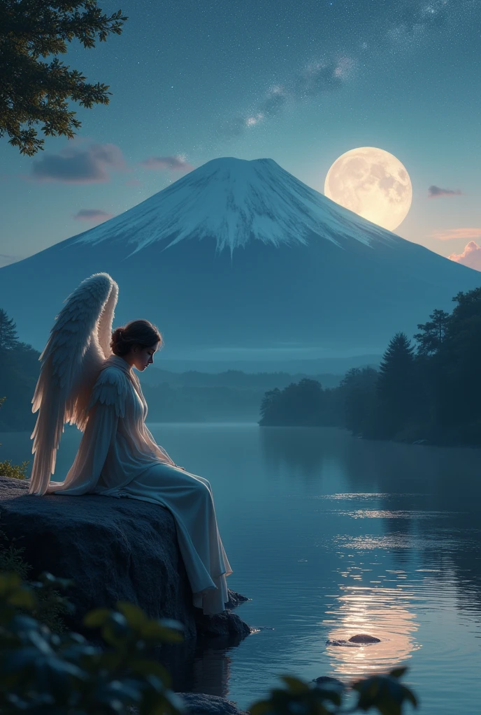 a sad angel, sitting on a large rock on the river bank at dusk, mt.fuji, starry sky, photo-realistic, digital art, cinematic lighting, dramatic, detailed face and wings, ethereal, moody atmosphere, intricate details, vibrant colors, seamless composition, muted color palette, glowing aura, dramatic shadows, mystical, serene landscape