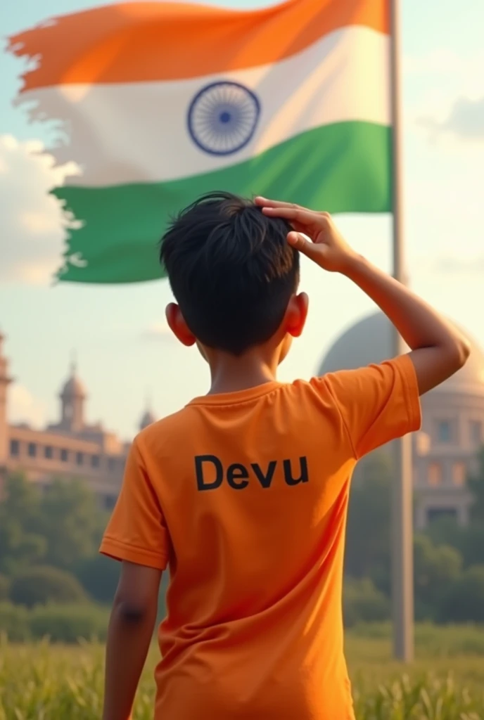 A boy whose t-shirt has Devu written on the back and the colour of his t-shirt is orange, he is saluting the Indian flag but his hand is on his forehead