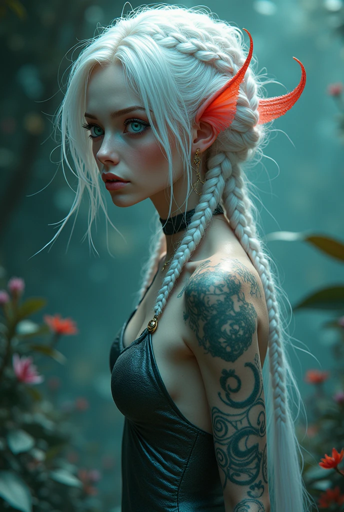 A girl with white hair with red streaks and heterochromia. One eye is light pink, the other is light blue, with thick braided hair. This is a girl with red fish ears and a large killer whale tail hanging from her tailbone. She also has webbing between her fingers. In full growth.