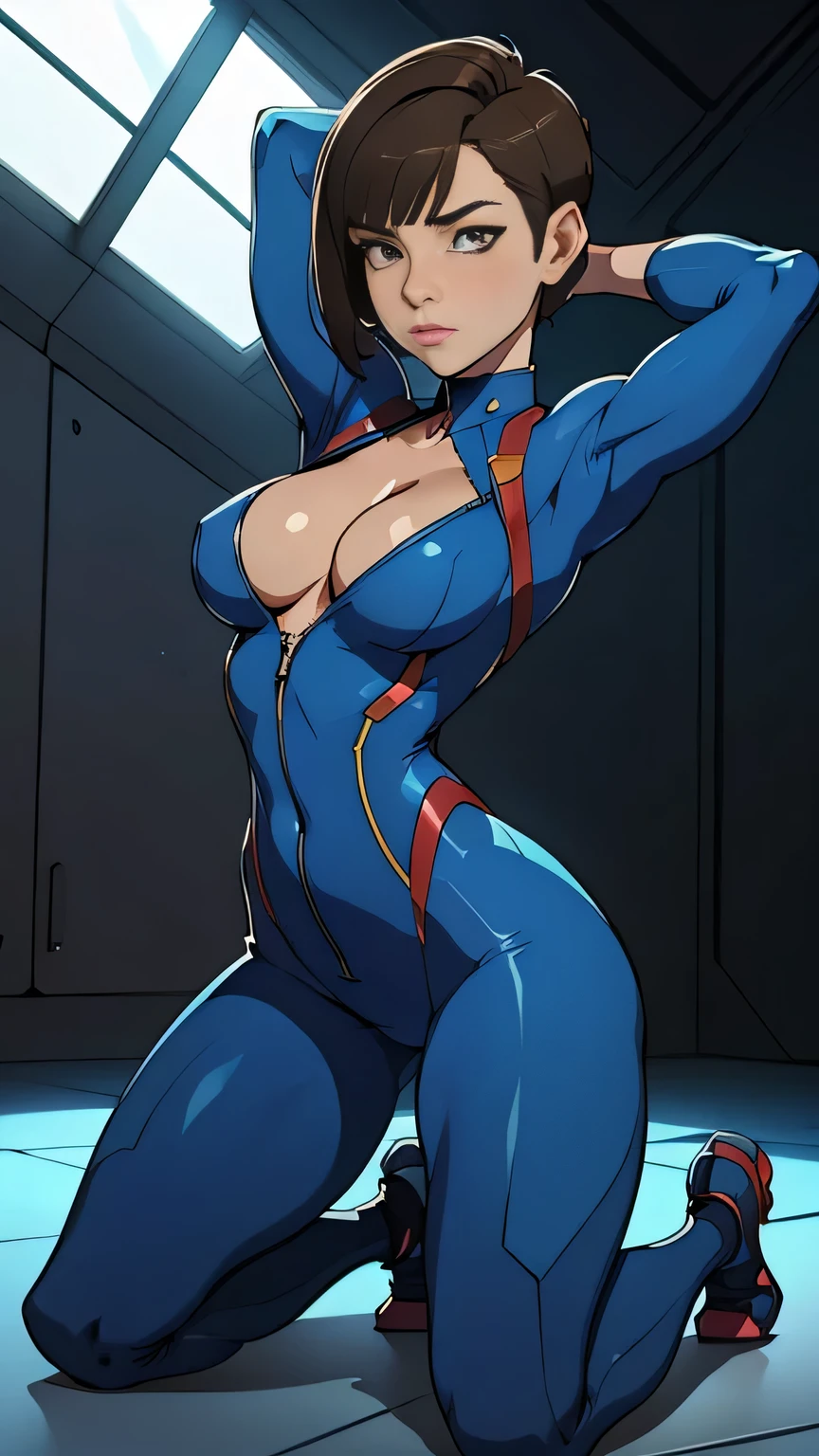photo of mlp Meowko, RAW, beautiful woman, ((portrait)), ((detailed face:1.2)), ((anime face, anime facial feature, clear skin, glossy anime lips, clear skin), (short lesbian haircut, brunette: 1.55), (perfect proportioned body, Strong, muscular, narrow waist, narrow hips, skinny, medium breasts), (she is wearing a tight blue jumpsuit, baby blue plug suit, zero suit Samus, Samus cosplay, unzipping suit, cleavage), kneeling on platform, splits kneeling, legs open, hands behind head, spaceship background, stars, Metroid floating around, (realistic photo, best quality, detailed), (8k wallpaper), (bright cinematic lighting, lens flares, beautiful light, (noon:1.3)) (sharp focus, intricate)