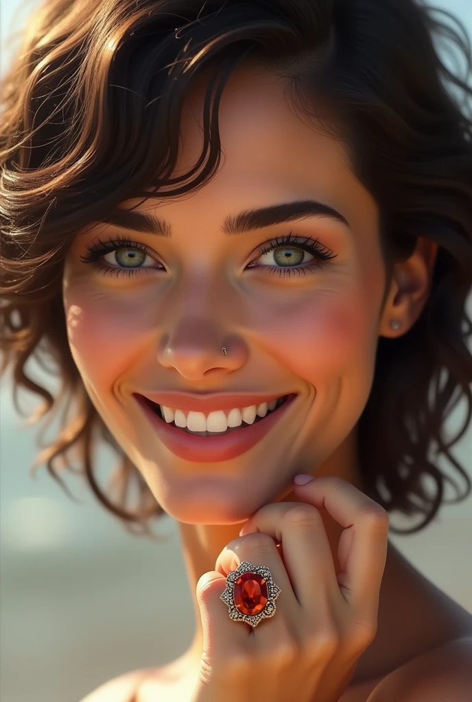 Italian woman  ,  clear , clear blue eyes , fine nose   , short curly hair ,  wonderful smile brick ring 
