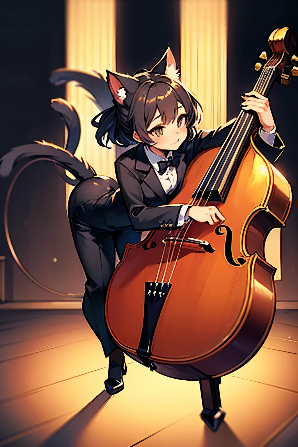 A cat character playing the double bass, Black cat, Masterpiece, anime, Comics, creation, Highest quality, Studio Lighting, Formal wear, woman, horney, booty, fatigue, pleasure
