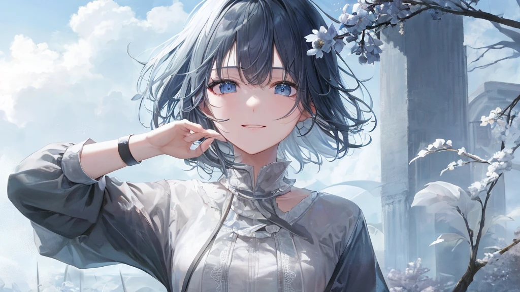 Ultra HD,Look at the viewers, Place your hands behind your back, and, 20-year-old, 非常にshort hair, Long bangs between the eyes, Pale blue eyes, Very detailed,(masterpiece、Highest quality),Gray Hair、Laughter、wonderful, Silver Hair, iris, short hair、 Fluttering Hair、Small face、明るいsmile、(Detailed face) ,Professional Lighting,wonderful風景,blue sky, sunlight,Looking down from above,Portraiture、Open your mouth、Flower Field、Her eyes were shining、Mysterious and enchanting atmosphere。With AI Painting、andてもshort hair, Long bangs between the eyes, Very detailed,(masterpiece、Highest quality)、alone、Gray Hair、Fantasy, Silver Hair, Fantasyな風景、smile、Open your mouth、short hair、short hair、hairpin、black eye、Grey Eyes、Beautiful Eyes、Black Shirt、White hoodie