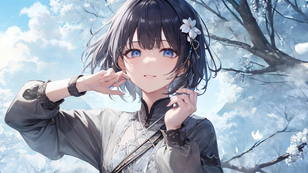 Ultra HD,Look at the viewers, Place your hands behind your back, and, 20-year-old, 非常にshort hair, Long bangs between the eyes, Pale blue eyes, Very detailed,(masterpiece、Highest quality),Gray Hair、Laughter、wonderful, Silver Hair, iris, short hair、 Fluttering Hair、Small face、明るいsmile、(Detailed face) ,Professional Lighting,wonderful風景,blue sky, sunlight,Looking down from above,Portraiture、Open your mouth、Flower Field、Her eyes were shining、Mysterious and enchanting atmosphere。With AI Painting、andてもshort hair, Long bangs between the eyes, Very detailed,(masterpiece、Highest quality)、alone、Gray Hair、Fantasy, Silver Hair, Fantasyな風景、smile、Open your mouth、short hair、short hair、hairpin、black eye、Grey Eyes、Beautiful Eyes、Black Shirt、White hoodie
