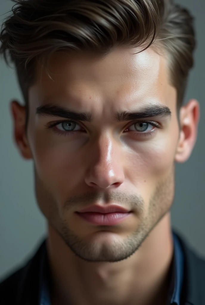 (photorealism:1.2), beautiful man, grey eyes