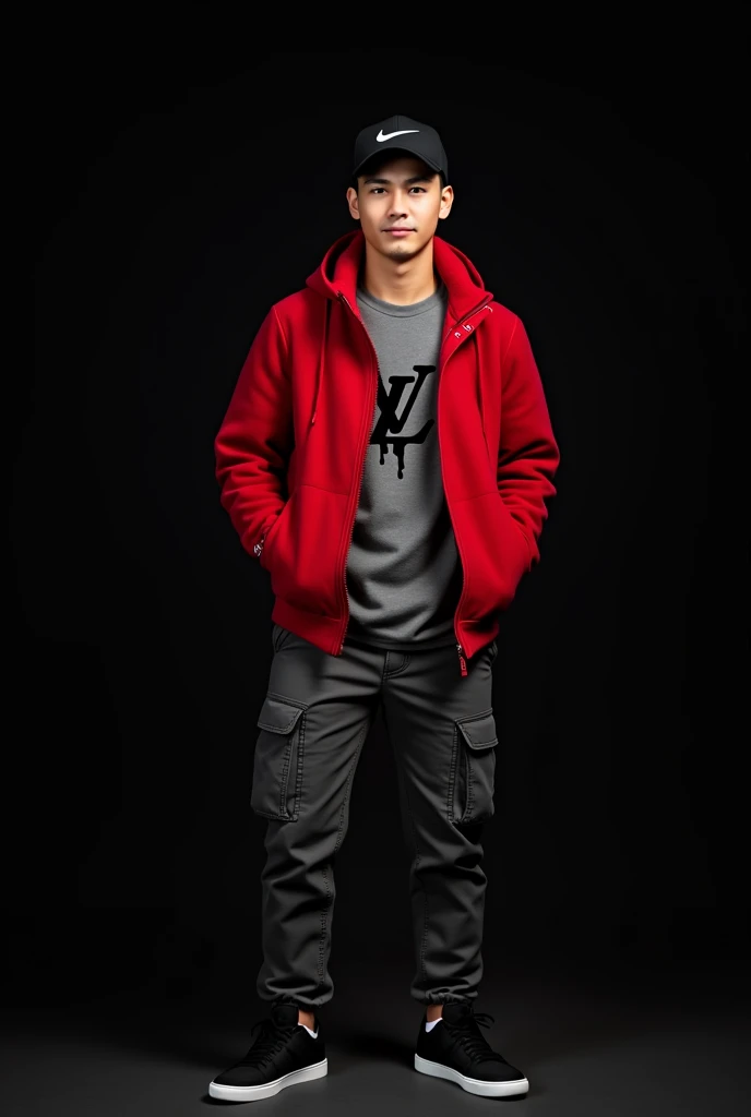 Realistic photo of a young man wearing cargo pants, black nike tennis shoes, all red fleece jacket, Louis Vuitton shirt, gray and the brand logo with a melting effect and a black Nike curved brim cap. Black background with highlight in light. The hat adjusted above the eyebrow.