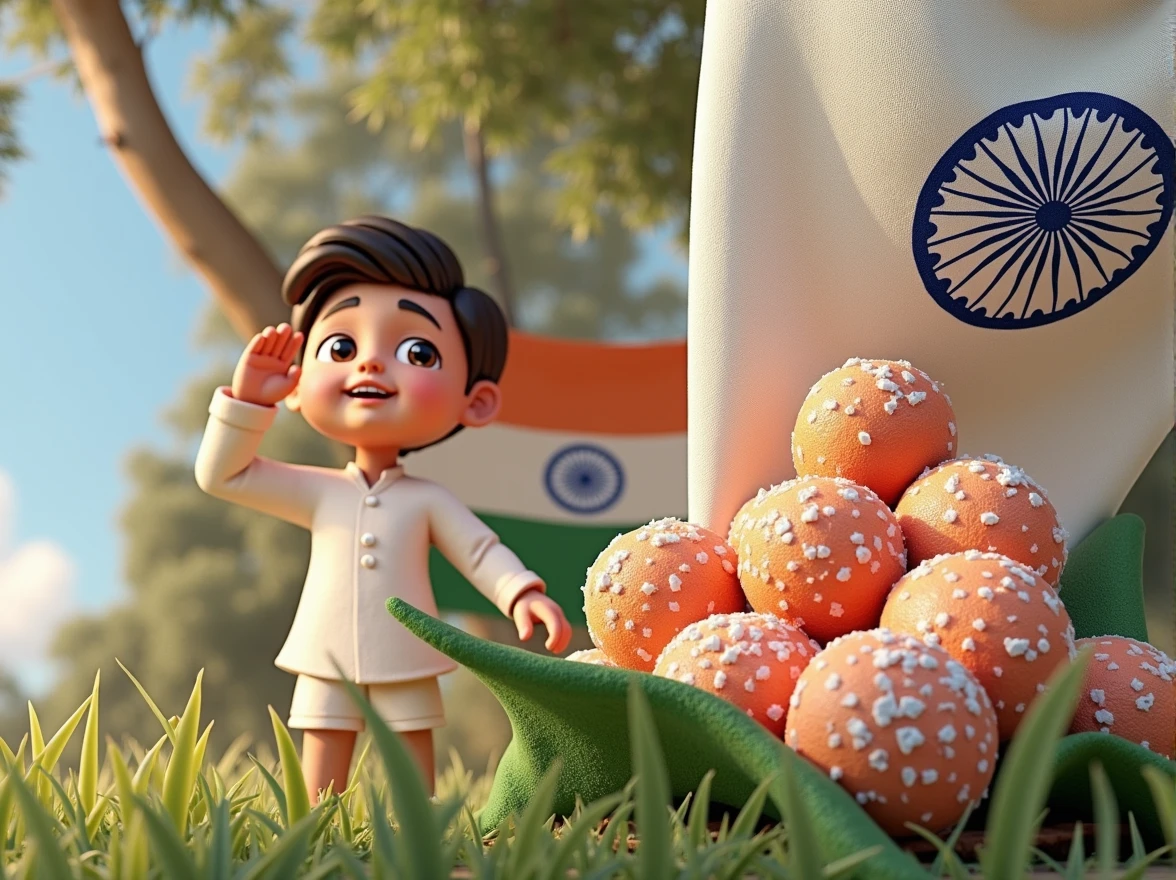 Create 3D picture for boy of salute Indian flag and back salt on name ladu