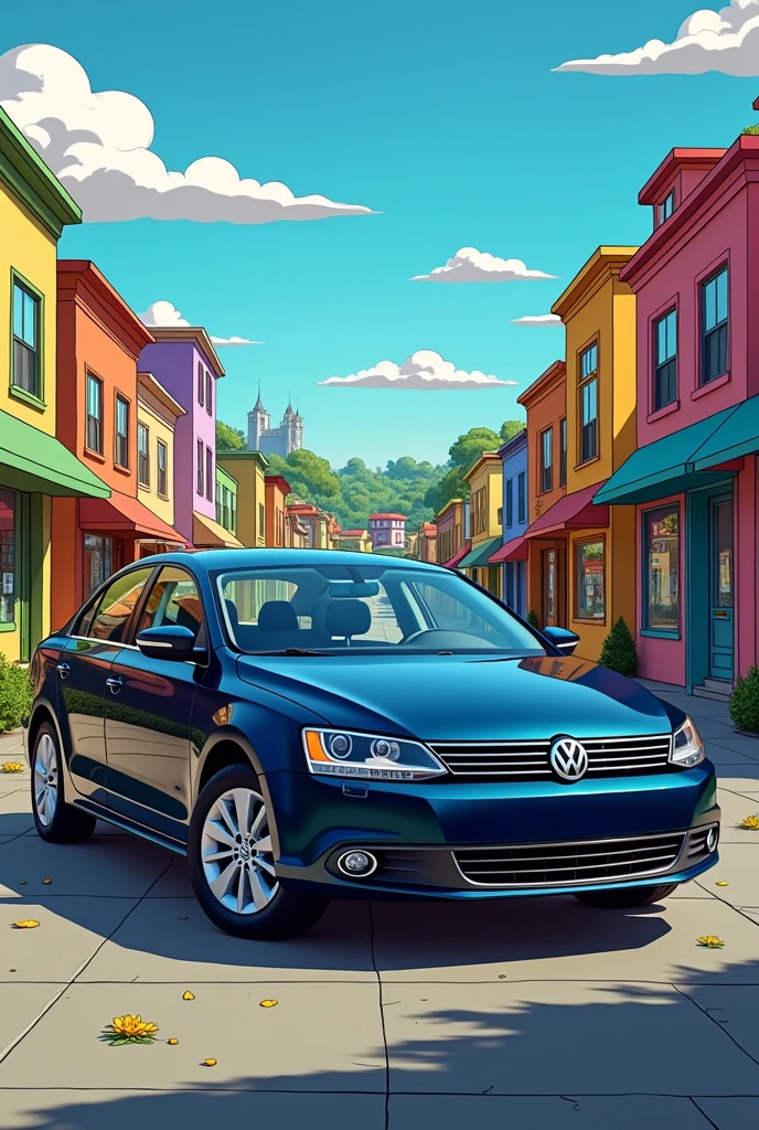 2013 dark blue Jetta car with a Simpsons Springfield background