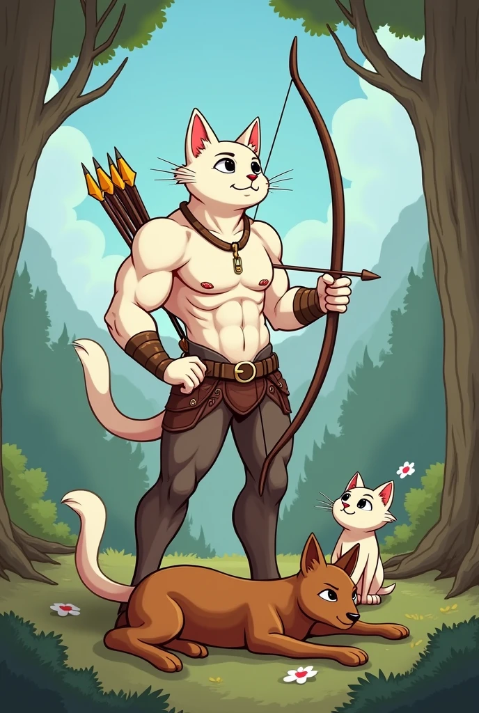 This image depicts a cartoonish scene of a muscular, white cat archer, standing over a dead deer, with a bow and arrow in hand, and a small cat as his companion.